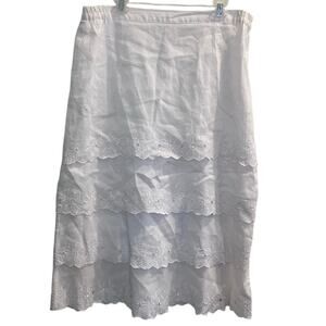 Women’s‎ White Linen Floral Embroidered Tiered Midi Skirt Size 18P Cottage,